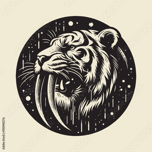Smilodon, saber-toothed tiger against the background of a black circle. Tiger head, portrait. Grunge print with splashes and scratches. tattoo sketch