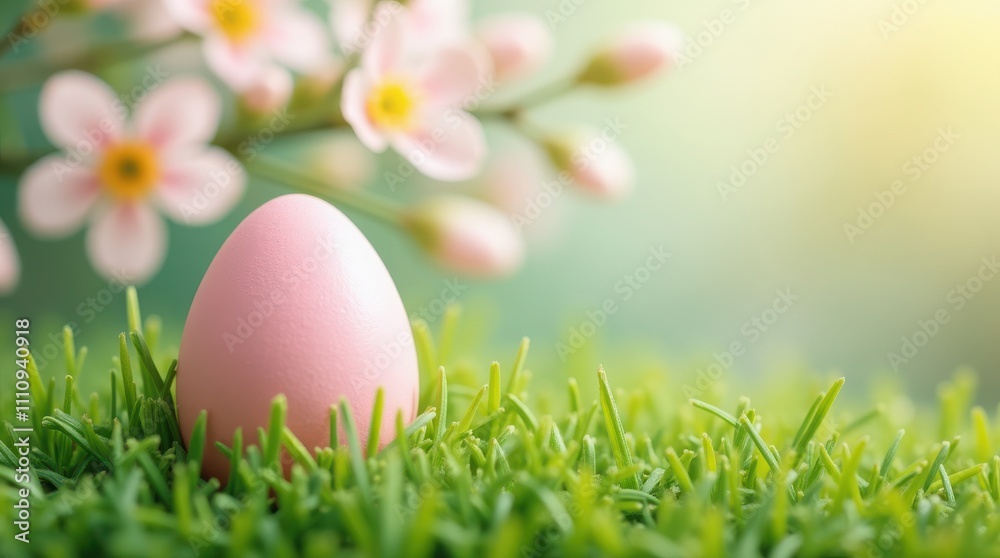 Pink Easter egg in green grass with white flowers. Easter, spring, nature themes background with copy space Pink Easter egg in green grass with white flowers. Easter, spring, nature themes background with copy space