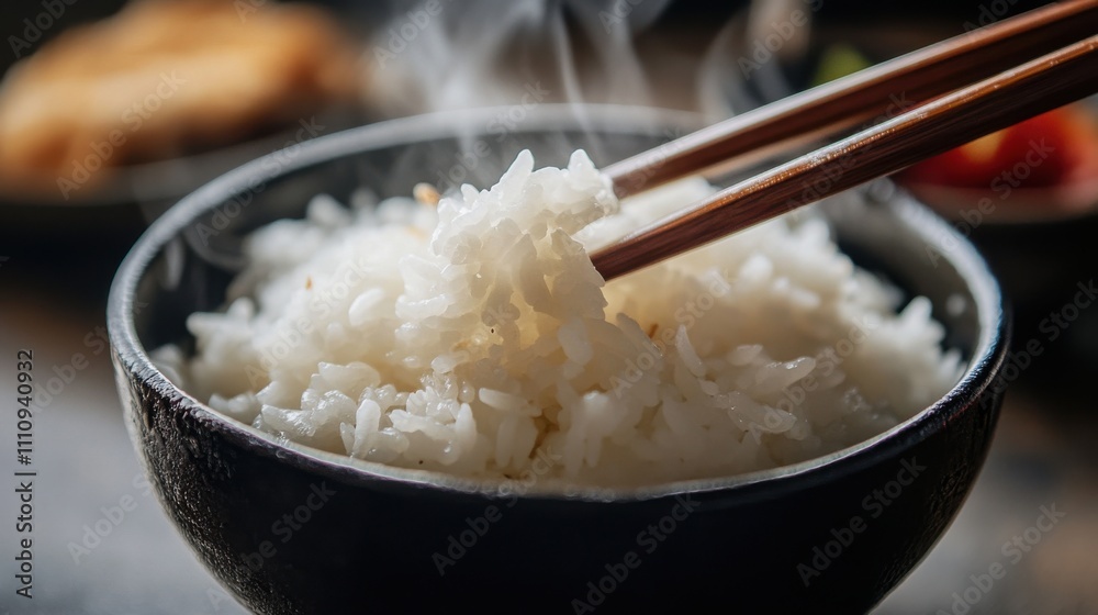 Steaming bowl of white rice with chopsticks captured in a cozy dining setting at a traditional restaurant during dinner time Steaming bowl of white rice with chopsticks captured in a cozy dining setting at a traditional restaurant during dinner time
