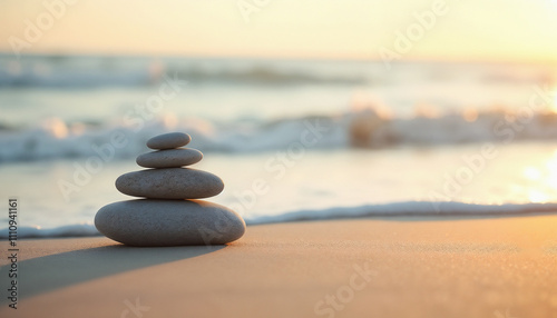  Zen stone stack on sandy beach at sunset.  mental balance. meditation. mental health. balance in life. simplicity and serenity. photo