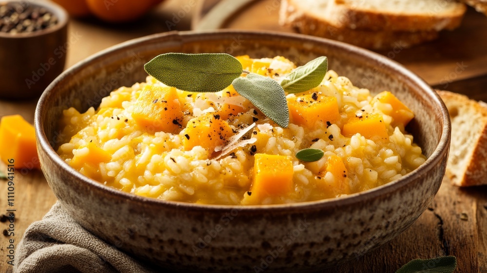 Photo of, A comforting bowl of butternut squash risotto garnished with sage leaves and grated Parmesan cheese, Butternut squash risotto served in a ceramic bowl with steam rising delicately Photo of, A comforting bowl of butternut squash risotto garnished with sage leaves and grated Parmesan cheese, Butternut squash risotto served in a ceramic bowl with steam rising delicately