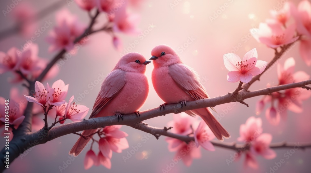 Two pink birds perched on a blossoming tree branch against a soft, pink background. Spring, nature, romance themes Two pink birds perched on a blossoming tree branch against a soft, pink background. Spring, nature, romance themes