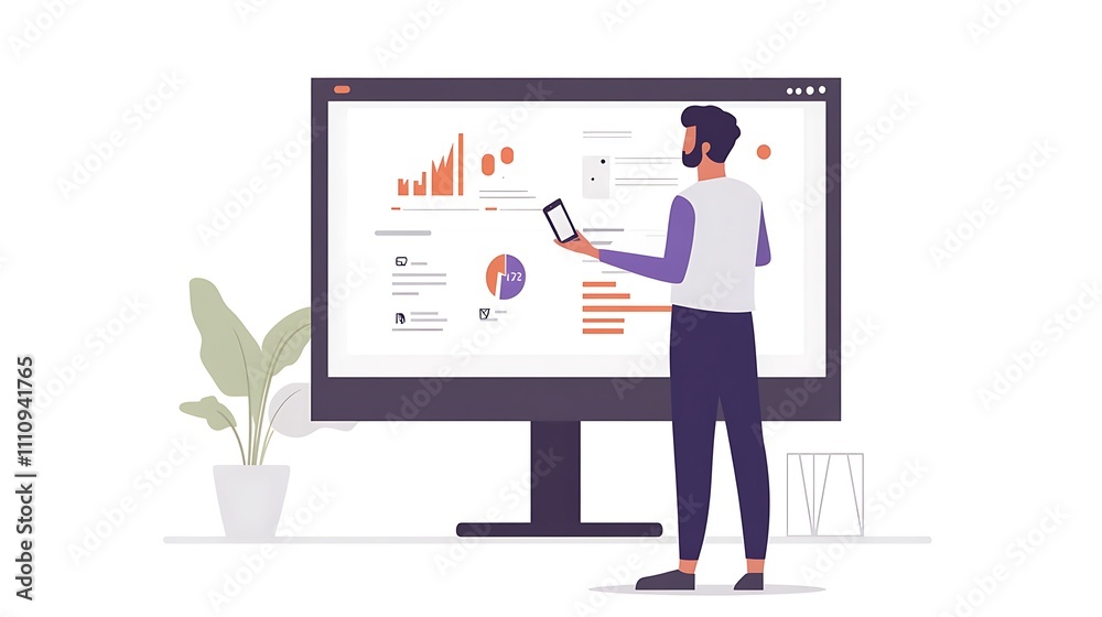 Man Reviewing Business Data on Large Monitor Man Reviewing Business Data on Large Monitor