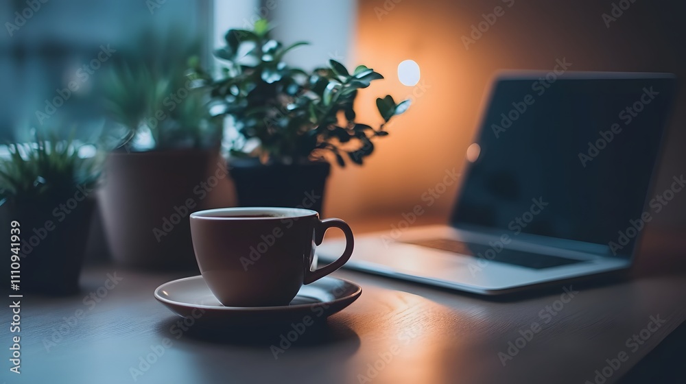 Cozy Workspace with a Warm Cup of Coffee, Indoor Plants, and a Laptop at Night, Creating a Relaxing and Inviting Atmosphere in a Creative Environment Cozy Workspace with a Warm Cup of Coffee, Indoor Plants, and a Laptop at Night, Creating a Relaxing and Inviting Atmosphere in a Creative Environment