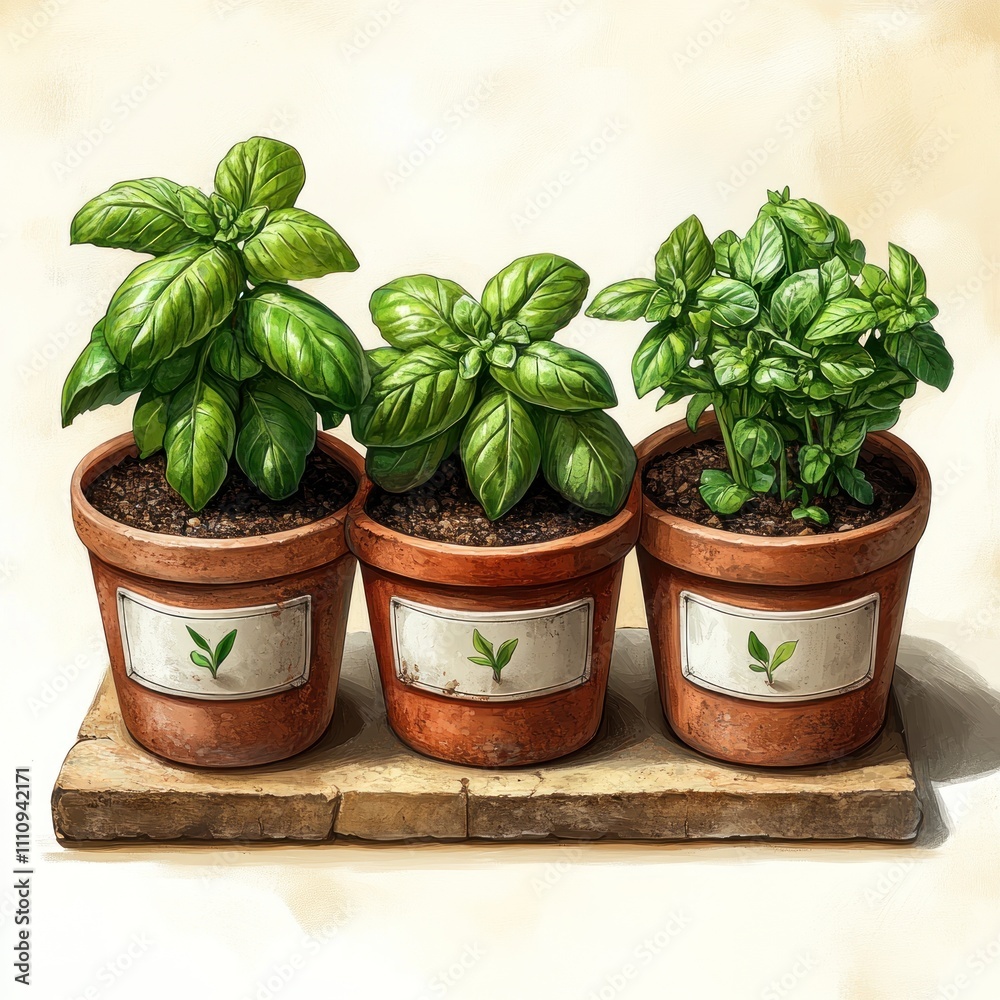 Three potted basil plants on a wooden base, showcasing vibrant green leaves. Three potted basil plants on a wooden base, showcasing vibrant green leaves.