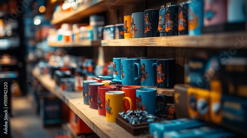 Colorful mugs displayed on wooden shelves in a shop.