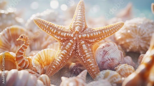 Watercolor Starfish, Shells, Crabs, Seahorse on an Isolated Background

 photo