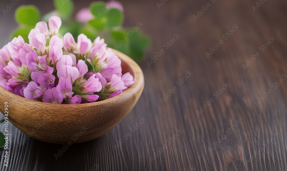 Delicate pink flowers arranged in a wooden bowl on a rustic wooden table with green leaves in the background Delicate pink flowers arranged in a wooden bowl on a rustic wooden table with green leaves in the background