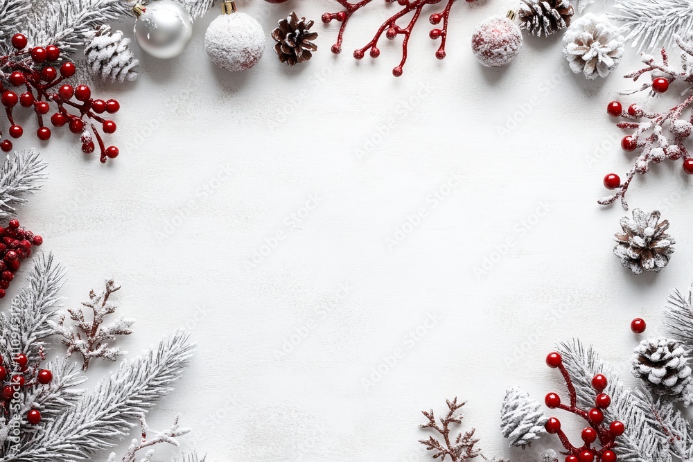 A white background is elegantly framed with frosted pine cones, red berries, and branches, creating a festive and wintry holiday feeling and atmosphere. A white background is elegantly framed with frosted pine cones, red berries, and branches, creating a festive and wintry holiday feeling and atmosphere.