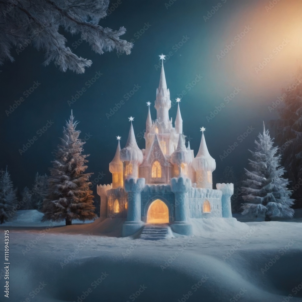 Enchanted ice castle, fairies, glowing ornaments Enchanted ice castle, fairies, glowing ornaments