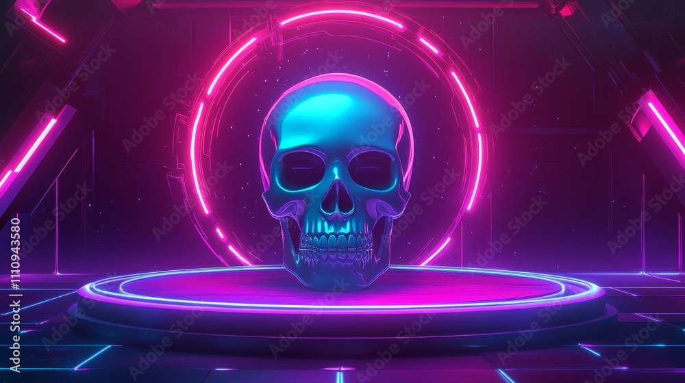 Futuristic glowing digital skull composition background