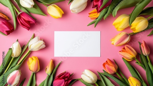 Colorful tulip arrangement on pink background with blank card in center for greetings or invitations