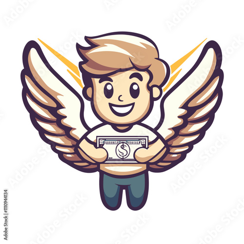 vector simple drawing of man with wings flying and holding money in the air, isolated on white background. . Generative AI