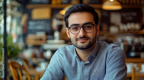 Young Man Wearing Glasses Smiles In A Cafe