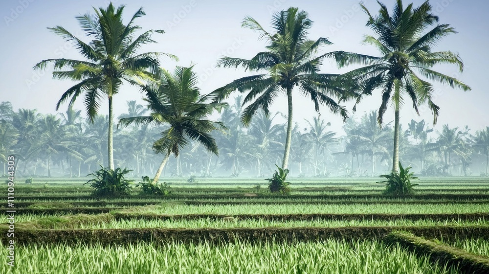Serene Tropical Rice Paddies with Palm Trees Serene Tropical Rice Paddies with Palm Trees