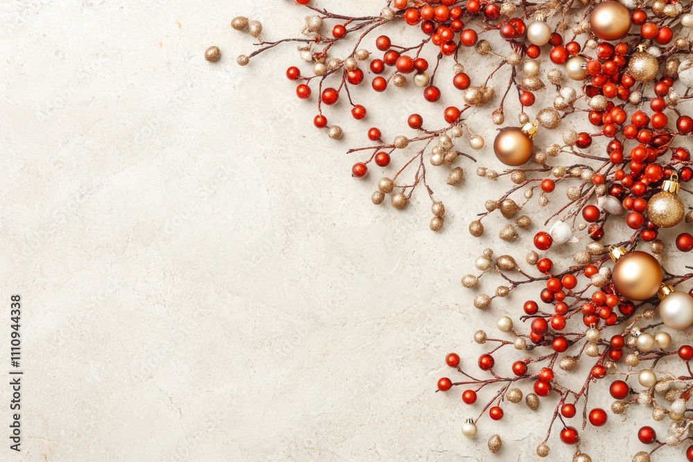 Decorative red and gold berries artfully arranged on a marble-like surface, symbolizing holiday cheer and the artistic beauty of natural elements in harmony. Decorative red and gold berries artfully arranged on a marble-like surface, symbolizing holiday cheer and the artistic beauty of natural elements in harmony.