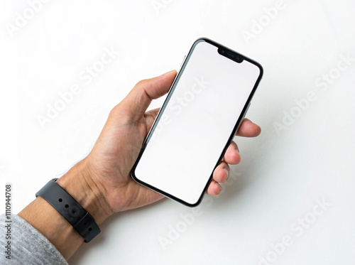 Hand holding Smartphone screen mockup, Mobile phone, finger tapping, pointing on white background
