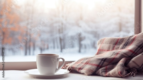 A cup with a hot drink on the windowsill by the window, a cozy home in winter days photo