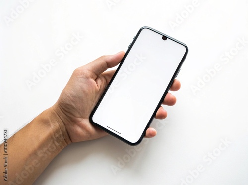 Hand holding Smartphone screen mockup, Mobile phone, finger tapping, pointing on white background