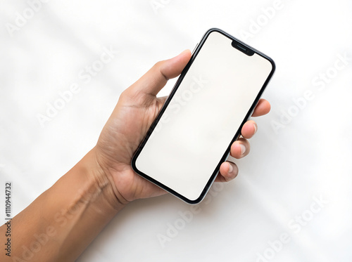 Hand holding Smartphone screen mockup, Mobile phone, finger tapping, pointing on white background