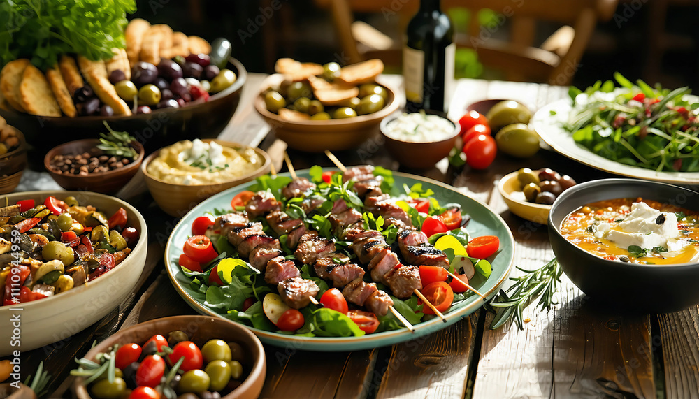 A Mediterranean feast with a variety of dishes, including a fresh Greek salad, roasted vegetables, g A Mediterranean feast with a variety of dishes, including a fresh Greek salad, roasted vegetables, g