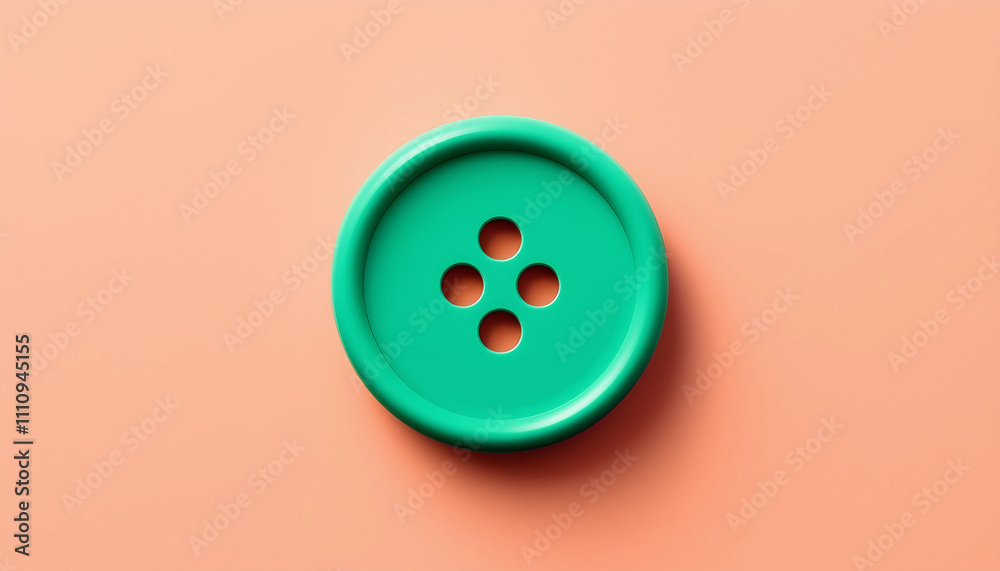 A minimalist image featuring a large green button with four holes centered on a smooth peach-colored A minimalist image featuring a large green button with four holes centered on a smooth peach-colored