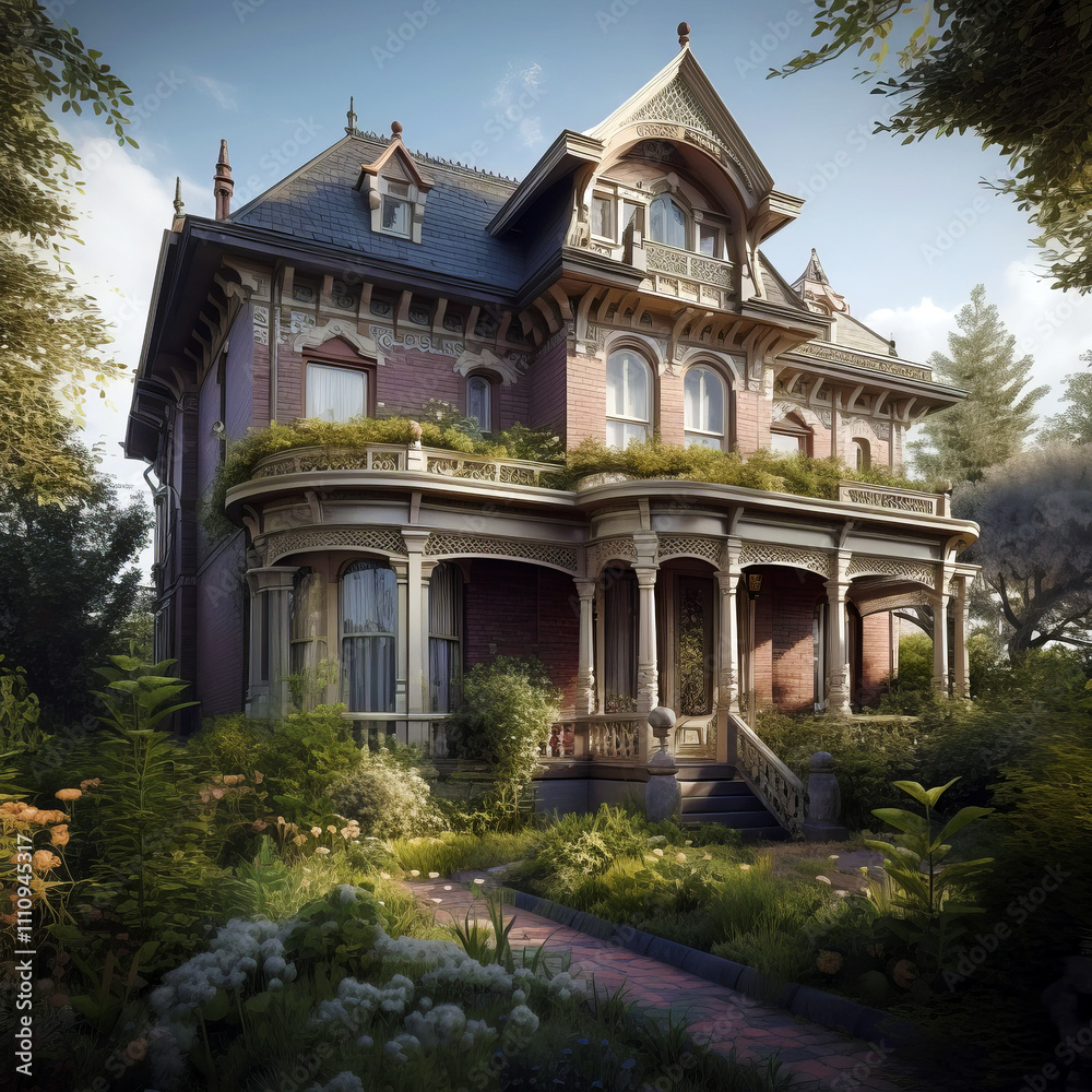An elegant Victorian-style mansion featuring intricate architectural details, a wraparound porch, lush greenery, and a beautifully manicured garden pathway. An elegant Victorian-style mansion featuring intricate architectural details, a wraparound porch, lush greenery, and a beautifully manicured garden pathway.