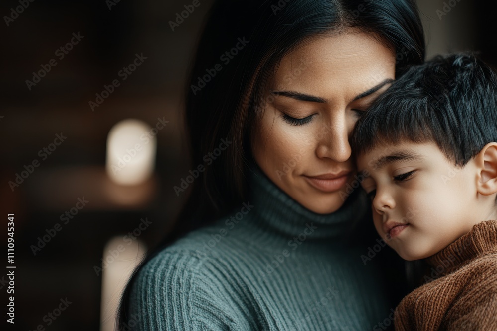 A mother in a cozy sweater holds her son close in a tender embrace, their serene expressions capturing a beautiful moment of warmth and love indoors. A mother in a cozy sweater holds her son close in a tender embrace, their serene expressions capturing a beautiful moment of warmth and love indoors.