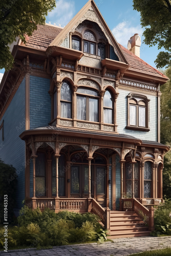 A stunning Victorian-style home with intricate woodwork, large arched windows, a steep gable roof, and a cozy wraparound porch framed by lush greenery. A stunning Victorian-style home with intricate woodwork, large arched windows, a steep gable roof, and a cozy wraparound porch framed by lush greenery.