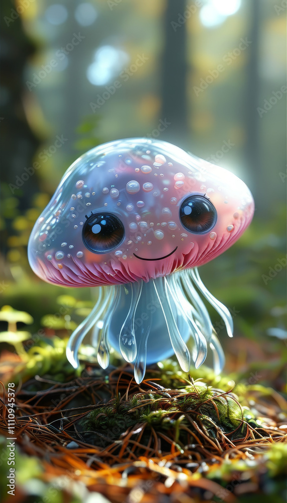 Obraz premium cute happy mushroom slime in a beautiful forest, happy nature, happy little creature, good vibes, smile, adorable google eyes, funny cute character