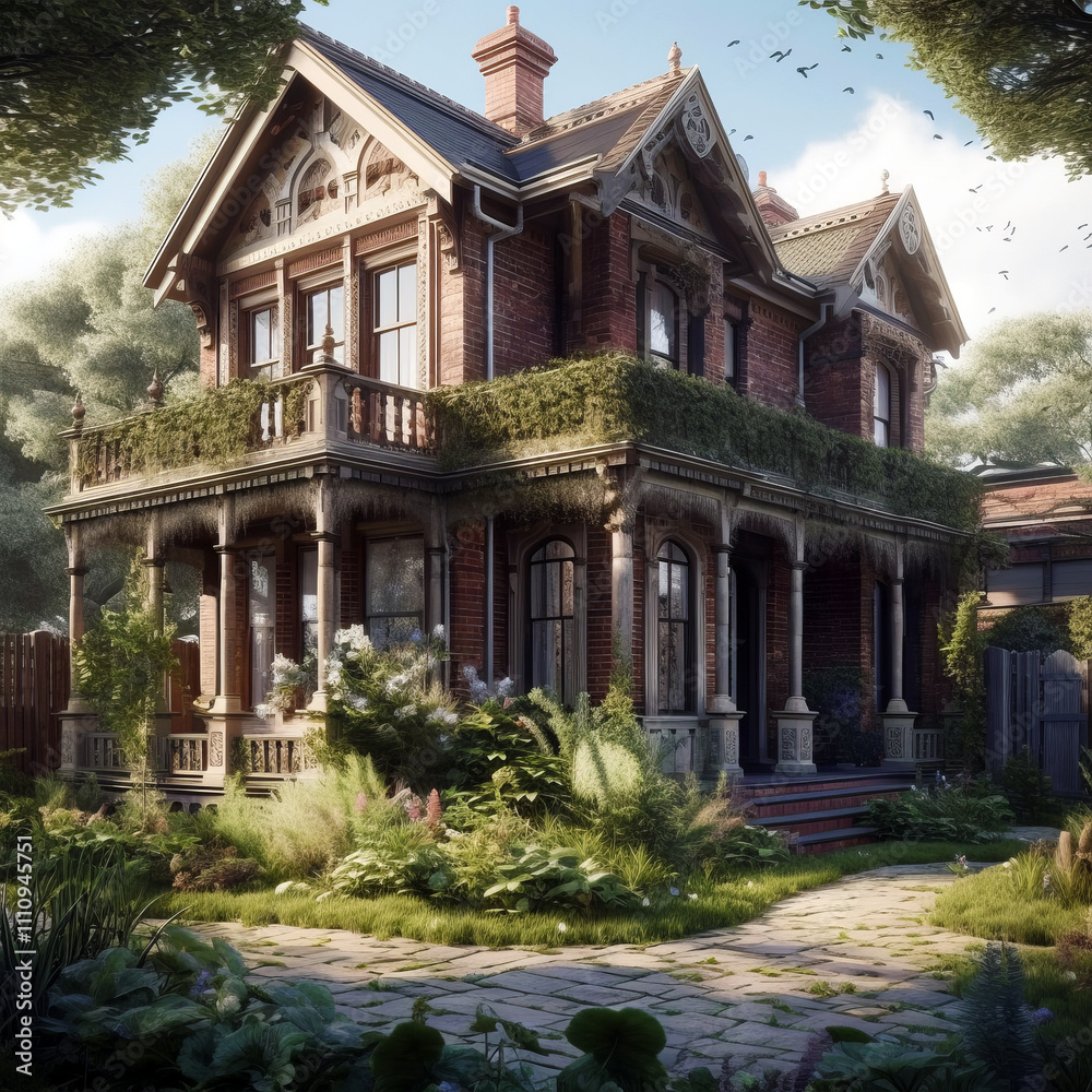 A Victorian-style brick house with ornate architectural details, a wrap-around porch supported by decorative columns, and a second-story balcony adorned with lush green ivy. A Victorian-style brick house with ornate architectural details, a wrap-around porch supported by decorative columns, and a second-story balcony adorned with lush green ivy.
