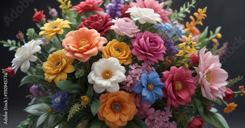 intricately woven and colored fabric flowers in a bouquet, textured petals, botanical motifs photo