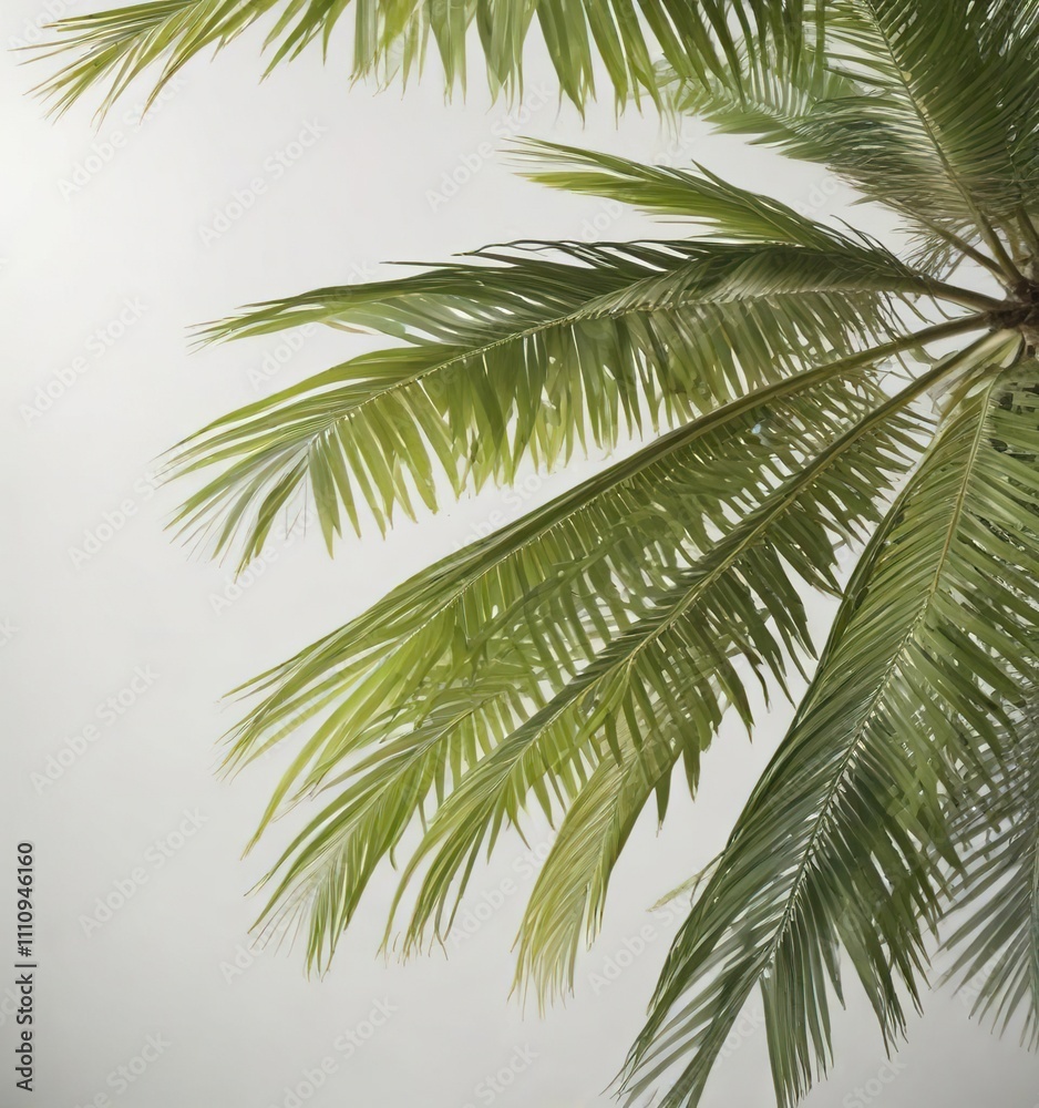 Fototapeta premium Isolated coconut palm tree leaf on white surface with slight bokeh effect, simple, negative space, single leaf
