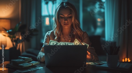 Wealthy Caucasian Business Woman Working on Laptop Counting

 photo