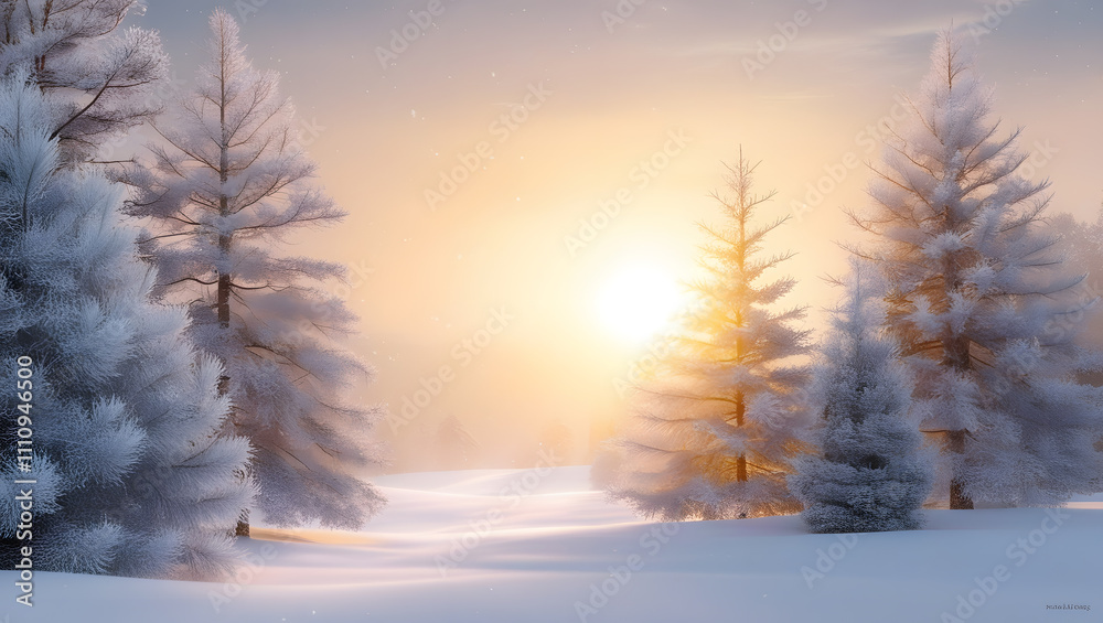 Mesmerizing Winter Landscape: Frosted Pines and Golden Sunrise Mesmerizing Winter Landscape: Frosted Pines and Golden Sunrise