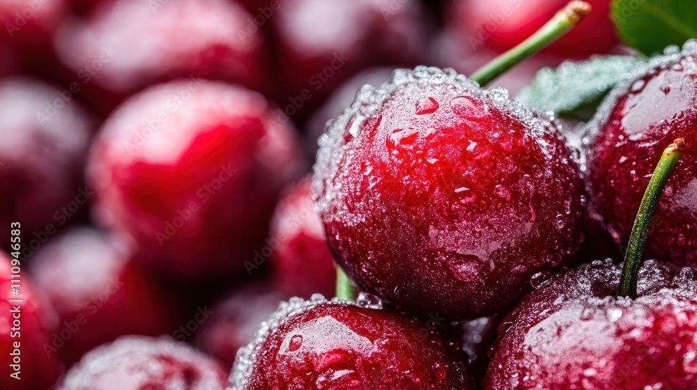 A vibrant and radiant cluster of cherries adorned with glistening water droplets, showcasing freshness, temptation, and the allure of nature's sweetness. A vibrant and radiant cluster of cherries adorned with glistening water droplets, showcasing freshness, temptation, and the allure of nature's sweetness.