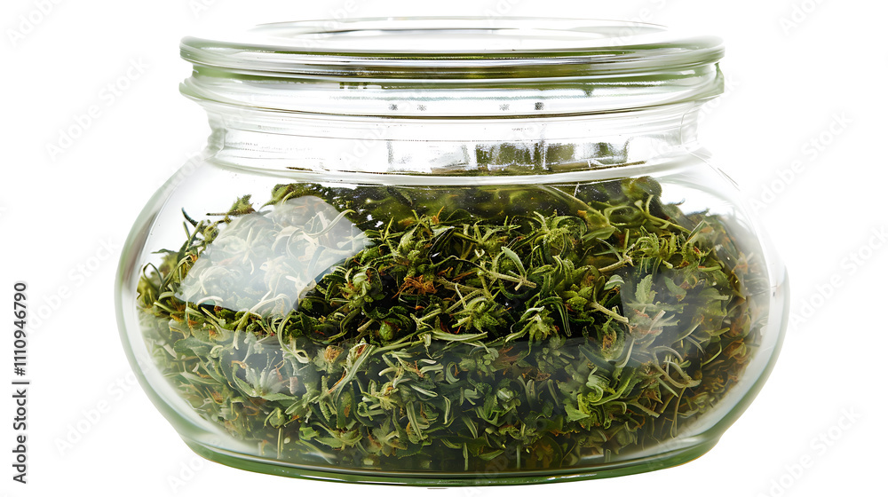 Glass jar filled with dried cannabis buds, with the lid off, showing rich textures, isolated on white Glass jar filled with dried cannabis buds, with the lid off, showing rich textures, isolated on white