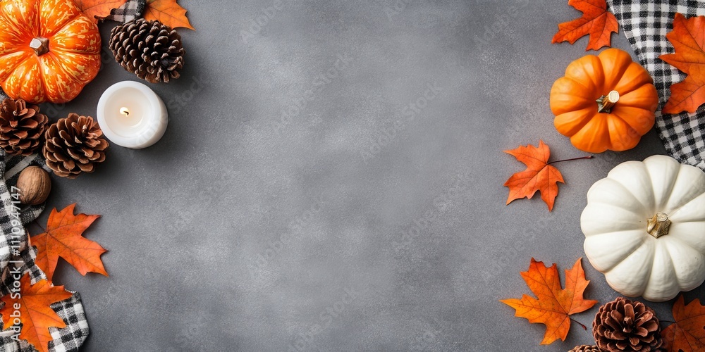 Obraz premium A vibrant display of pumpkins, fall leaves, and pinecones on a rustic checkered cloth creates a festive autumn theme perfect for seasonal celebrations and cozy settings.
