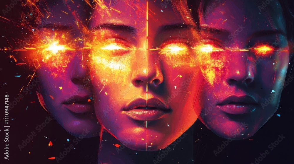 Three Faces with Burning Eyes and Sparks Three Faces with Burning Eyes and Sparks