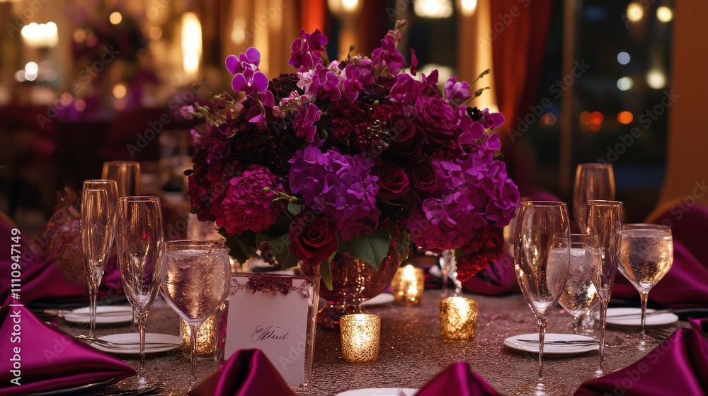 Elegant Floral Arrangement at a Luxurious Dinner Table Setting with Purple Blooms, Sparkling Glassware, and Candlelight Ambiance for Any Special Event