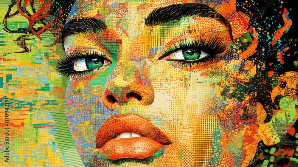 Close-up of a Woman's Face with Green Eyes and Orange Lips Close-up of a Woman's Face with Green Eyes and Orange Lips