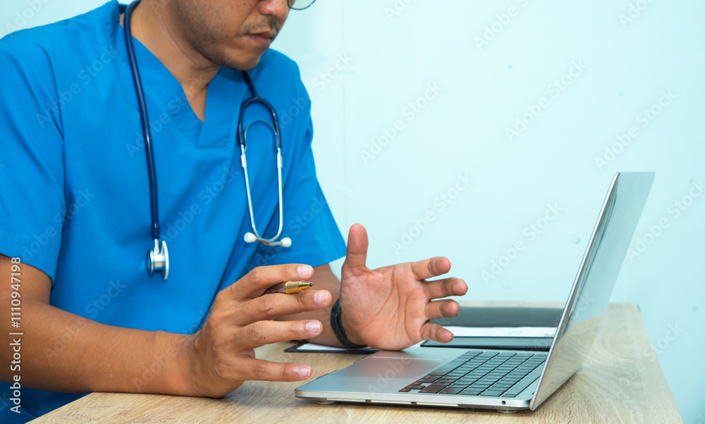 Smart medicine doctor working with computer notebook and medical text book at desk in the hospital.The physician, in the blue medical coat is filling out a medical record form.Medical concept Smart medicine doctor working with computer notebook and medical text book at desk in the hospital.The physician, in the blue medical coat is filling out a medical record form.Medical concept