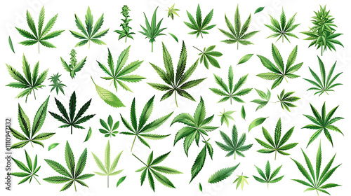 Arrangement of cannabis leaves and buds in a flat lay style, detailed textures, isolated on white