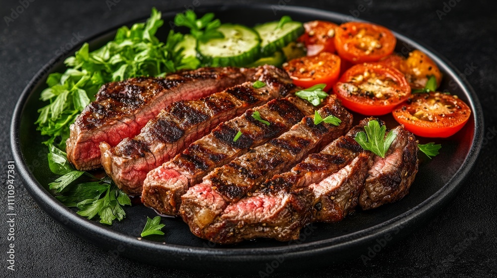 A deliciously grilled steak served with fresh tomatoes, cucumbers, and herbs on a plate. A deliciously grilled steak served with fresh tomatoes, cucumbers, and herbs on a plate.