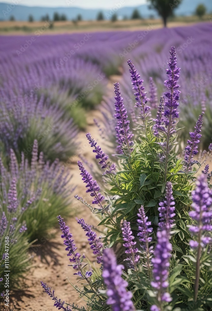 Obraz premium Lavender fields with clary sage flowers blooming in summer, lavender field, greenery