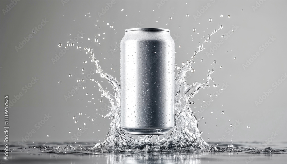 A silver aluminum can surrounded by water droplets and splashes, evoking a sense of freshness