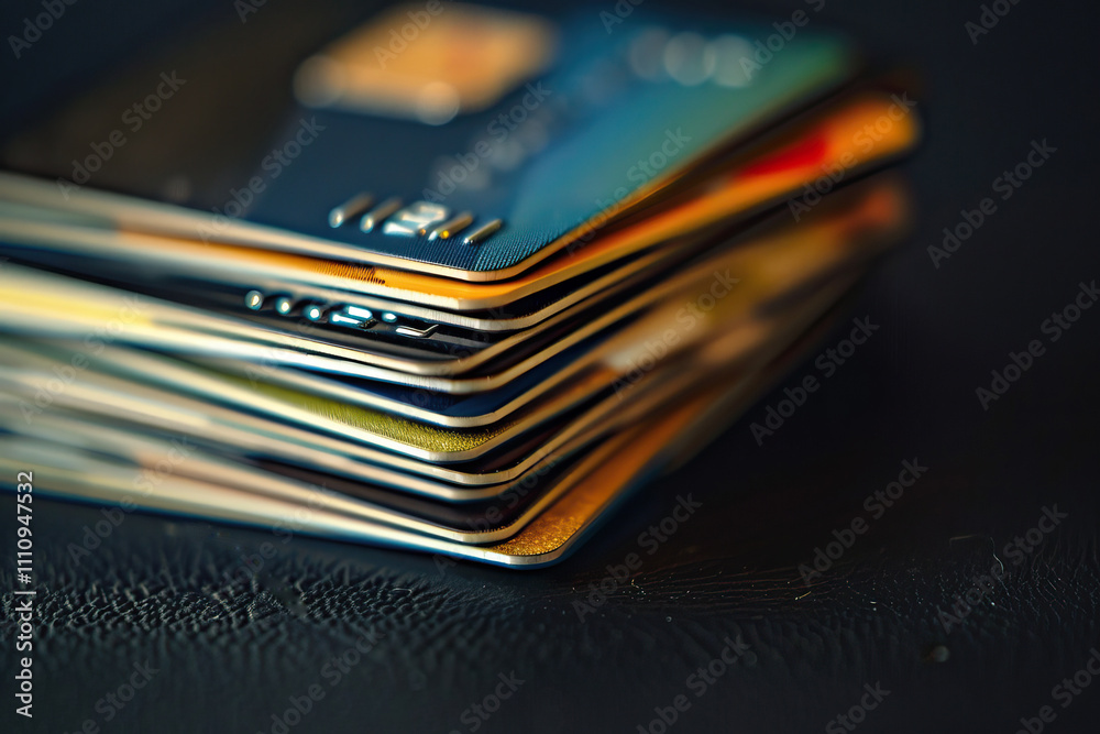 Blurred image of stack of business credit cards, financial resources and purchasing power Blurred image of stack of business credit cards, financial resources and purchasing power