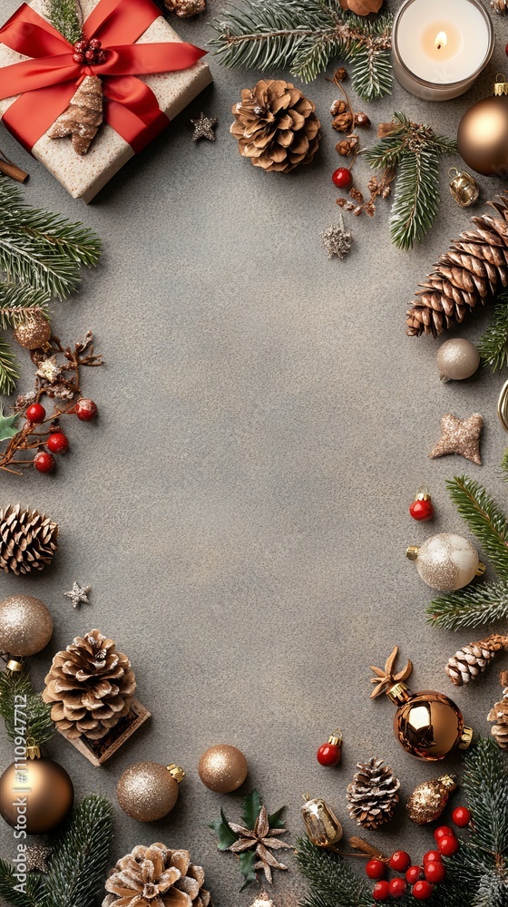 This festive composition showcases an array of holiday decorations and ornaments on a gray surface, including pinecones, baubles, stars, and a candle for a warm atmosphere. This festive composition showcases an array of holiday decorations and ornaments on a gray surface, including pinecones, baubles, stars, and a candle for a warm atmosphere.