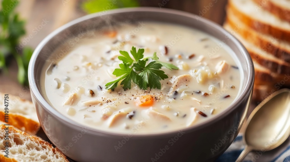 Photo of, A comforting bowl of creamy chicken and wild rice soup garnished with chopped parsley and cracked black pepper Photo of, A comforting bowl of creamy chicken and wild rice soup garnished with chopped parsley and cracked black pepper