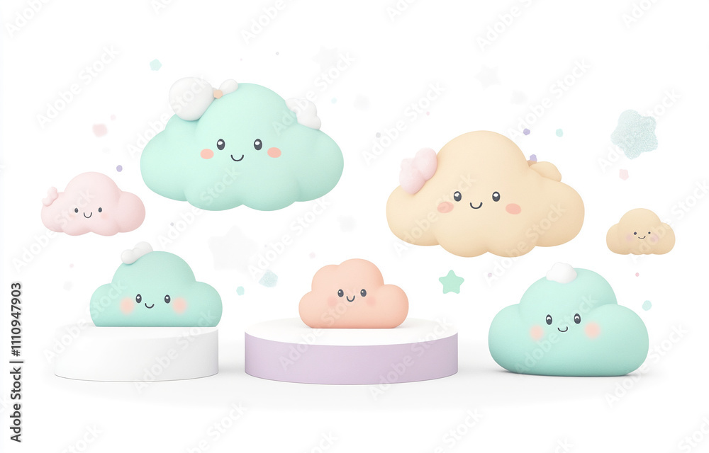 Fototapeta premium Cute cloud characters in playful pastel colors arranged on pedestals in a whimsical setting
